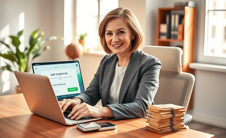 A woman in a modern home office quickly accessing personal loan funds on her smartphone beside a laptop with financial interface