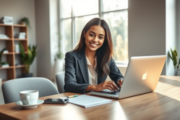 Young woman applying for a personal loan on a laptop in a modern office with natural sunlight and a calm professional atmosphere