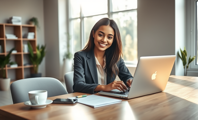 Young woman applying for a personal loan on a laptop in a modern office with natural sunlight and a calm professional atmosphere