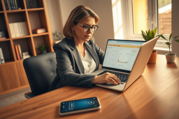 Middle-aged woman at home office using laptop and smartphone to access urgent fast personal loan funds in a modern setting