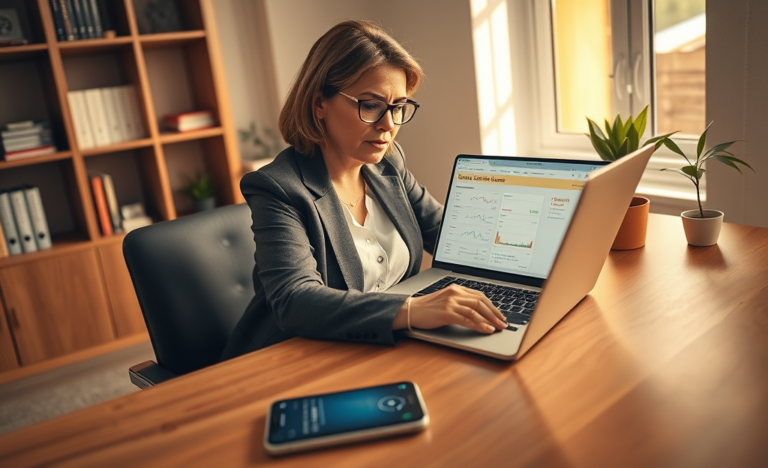 Middle-aged woman at home office using laptop and smartphone to access urgent fast personal loan funds in a modern setting