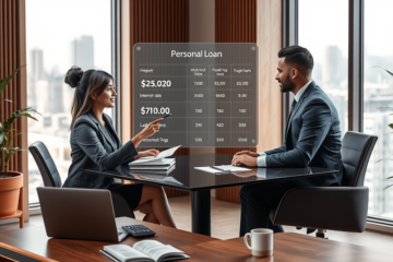 A diverse couple consulting a female financial advisor in a bright office using a digital screen to compare personal loan options for budget planning