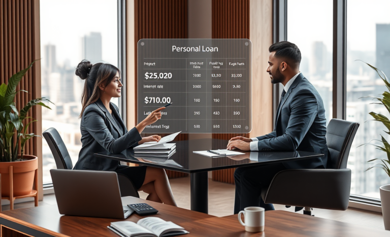 A diverse couple consulting a female financial advisor in a bright office using a digital screen to compare personal loan options for budget planning