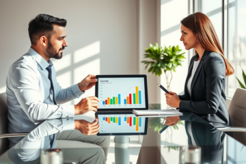Two professionals in a bright modern office comparing personal loan rates on a digital tablet for financial education