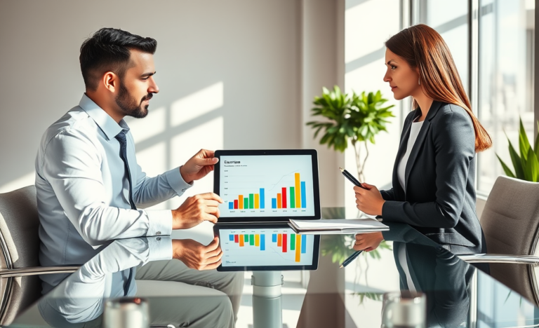 Two professionals in a bright modern office comparing personal loan rates on a digital tablet for financial education