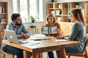 Three adults discussing personal loan options around a modern wooden table in a bright home office, focusing on Fairstone personal loan application comparison