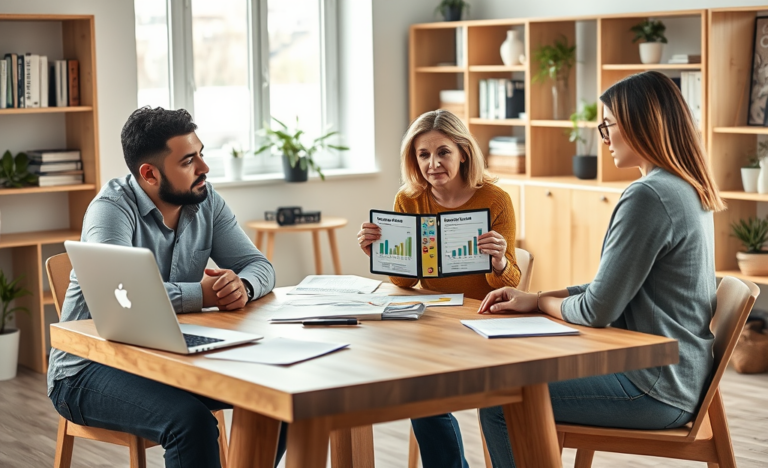 Three adults discussing personal loan options around a modern wooden table in a bright home office, focusing on Fairstone personal loan application comparison