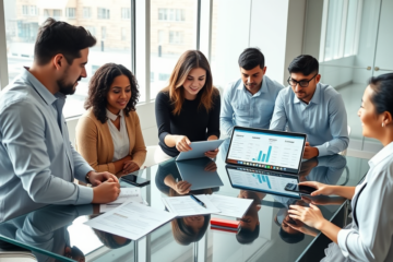 Diverse group in modern office comparing personal loan rate options on laptops and tablets, discussing Upstart personal loans