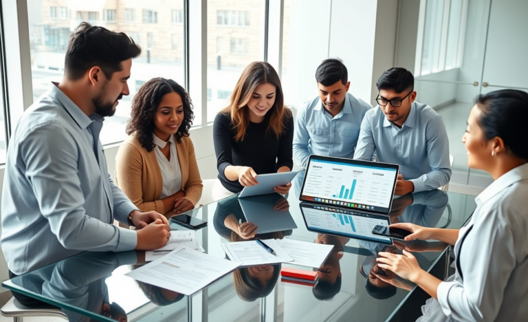Diverse group in modern office comparing personal loan rate options on laptops and tablets, discussing Upstart personal loans
