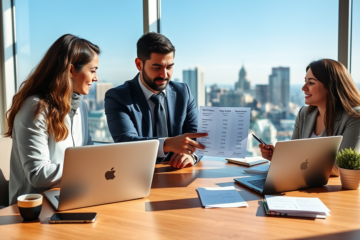 Two diverse adults comparing personal loan options on laptops in a bright modern office setting with financial documents and city skyline backdrop