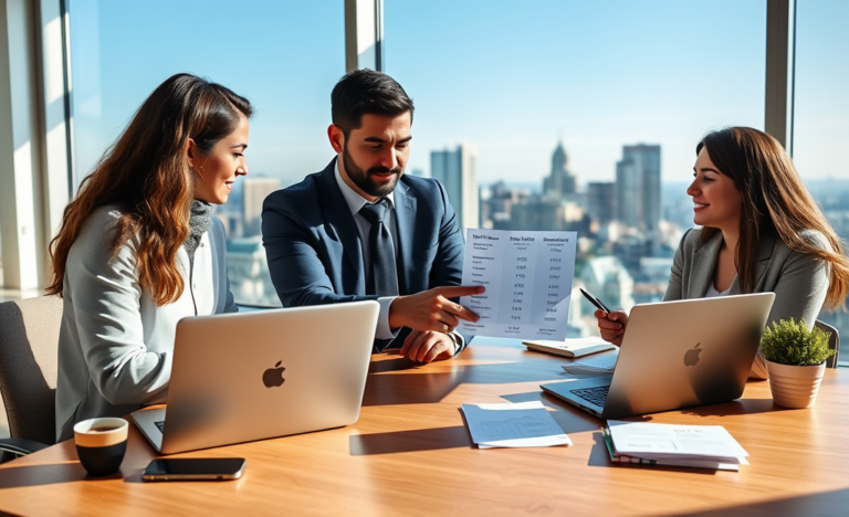 Two diverse adults comparing personal loan options on laptops in a bright modern office setting with financial documents and city skyline backdrop