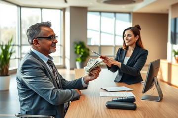 Professional man receiving urgent funds quickly from friendly loan officer in modern bank branch setting