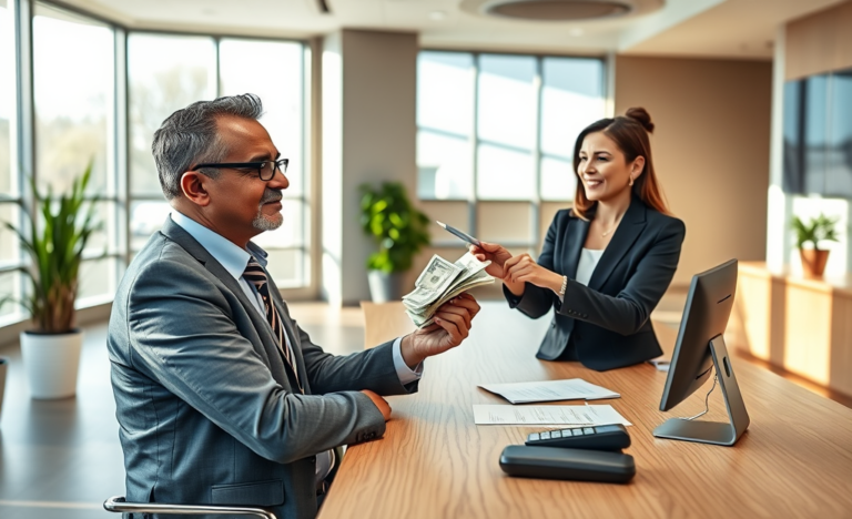 Professional man receiving urgent funds quickly from friendly loan officer in modern bank branch setting
