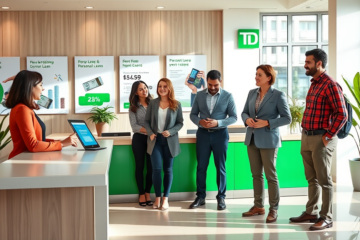 Bright TD Bank interior showing diverse adults discussing flexible personal loan options with a staff member using a tablet