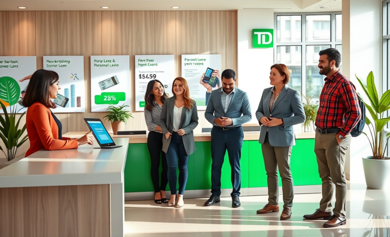 Bright TD Bank interior showing diverse adults discussing flexible personal loan options with a staff member using a tablet